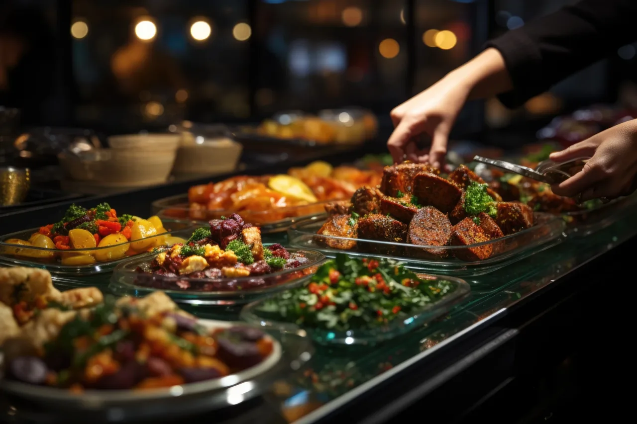 Person grabbing food from a buffet Person grabbing food from a buffet